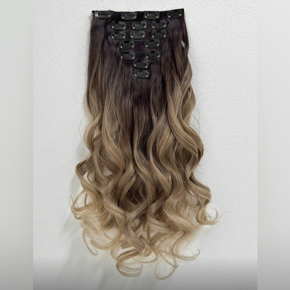 Human hair blend 22 Inch Balayage Brown & Blonde Clip in Curly Hair Extensions